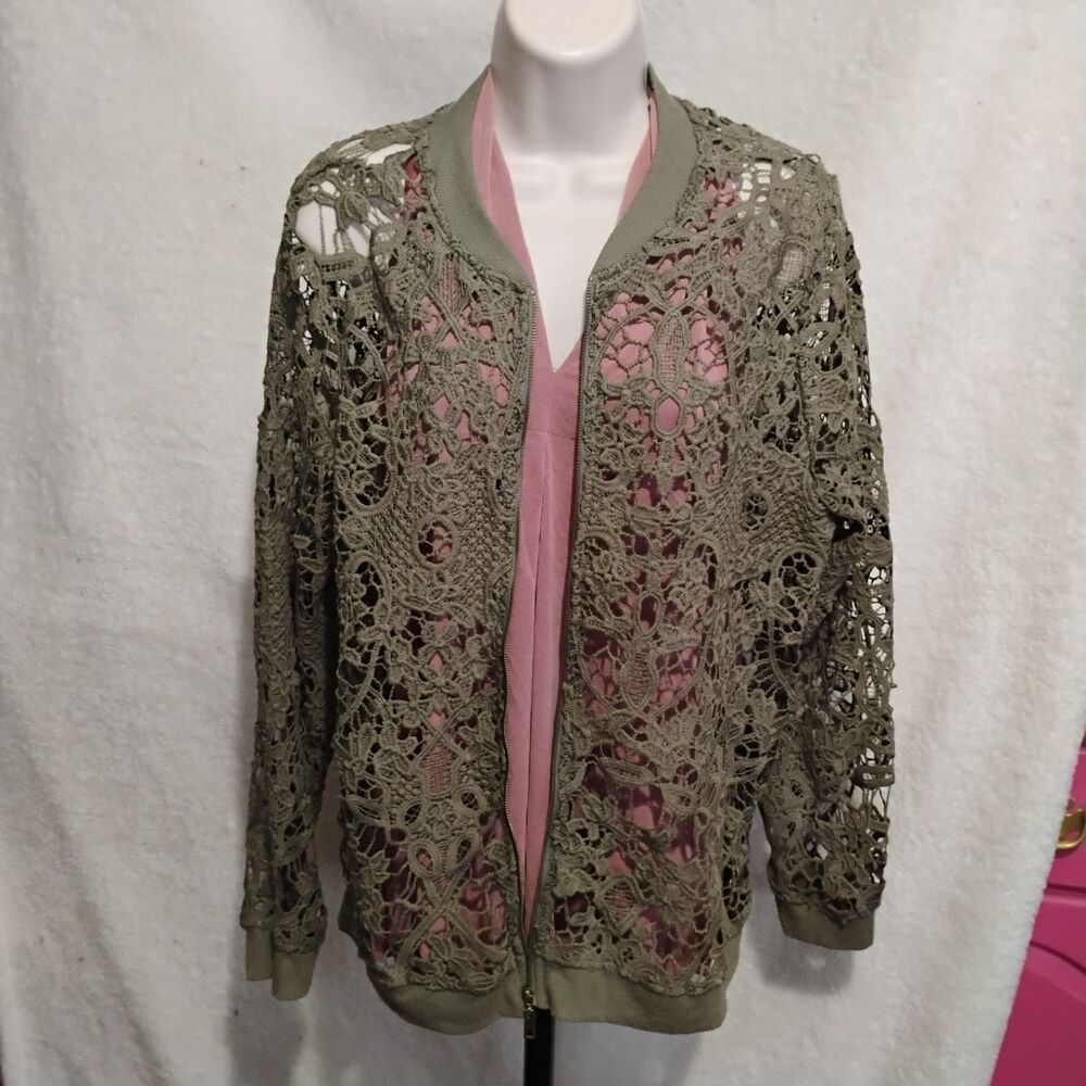 Simply Noelle Olive Green Crochet Floral Lace Zip Bomber Jacket Cardigan L/XL